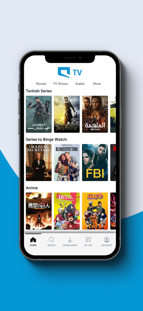 Mobily TV - Mobily TV app on a smartphone screen showing various categories like Turkish Series binge watch shows and Anime