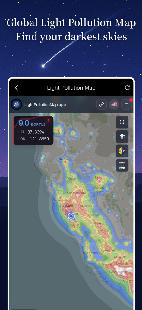 Stargazing Hub - Sky Live - Um mapa de poluição luminosa no aplicativo Hub de Observação Estelar mostrando locais de céu escuro e classificações da escala Bortle