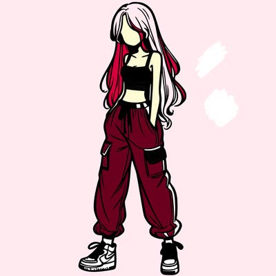 girl in baggy pants crop top and long hair