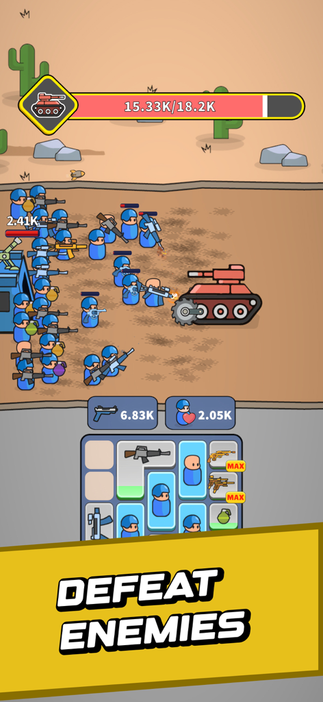 Battle Bag: War Zone - Squad of soldiers attacking a red tank boss in Battle Bag War Zone