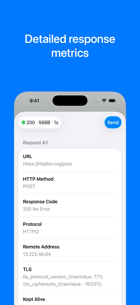 A smartphone screen displaying detailed API response metrics including status code and protocol in the HTTPBot app
