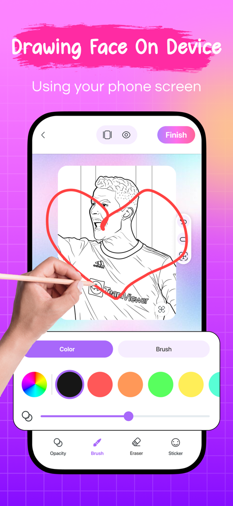 AR Draw, Face Sketch & Trace - Dibujando un retrato de cara con herramientas de color en la pantalla de un smartphone en la app AR Draw