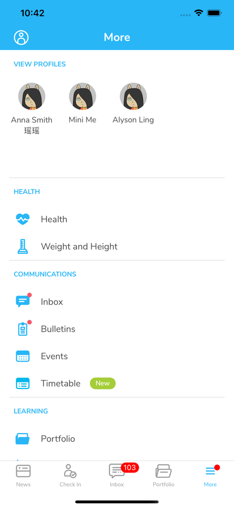 Little Family Room for Parents - Mobile app dashboard for parents showing child profiles and categories for health communications and learning