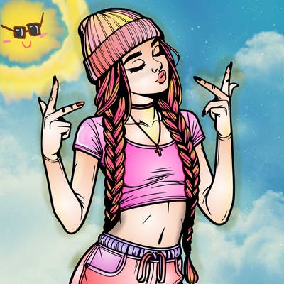 realistic teenage girl with braids and a beanie and crop top doing 🫶🏼