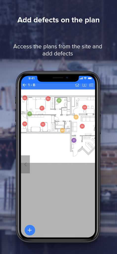 Site Supervision - Smartphone screen showing the Site Supervision app with numbered pins indicating defects on a construction floor plan.