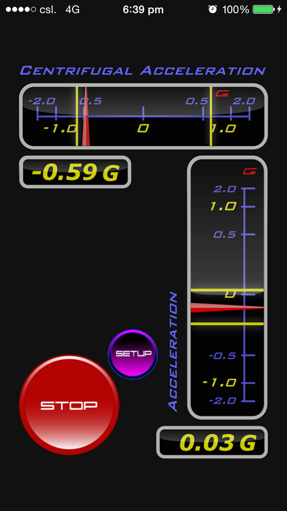 Real-time centrifugal and longitudinal G-force acceleration gauges in the G FORCE app interface
