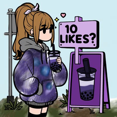 girl with oversized hoodie drinking boba and she has a high ponytail with a sign that says 10likes?
