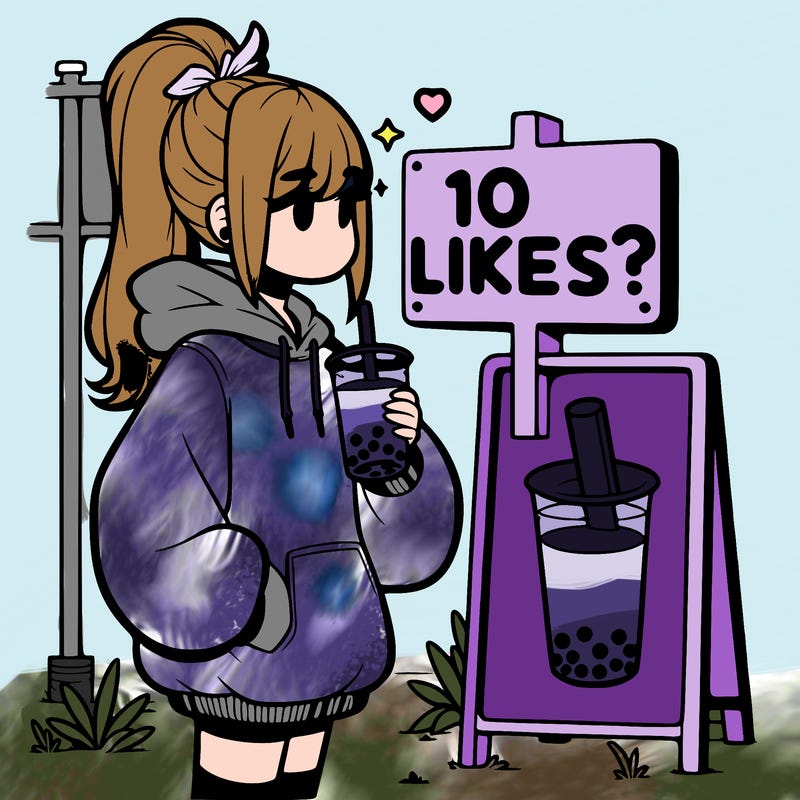girl with oversized hoodie drinking boba and she has a high ponytail with a sign that says 10likes?