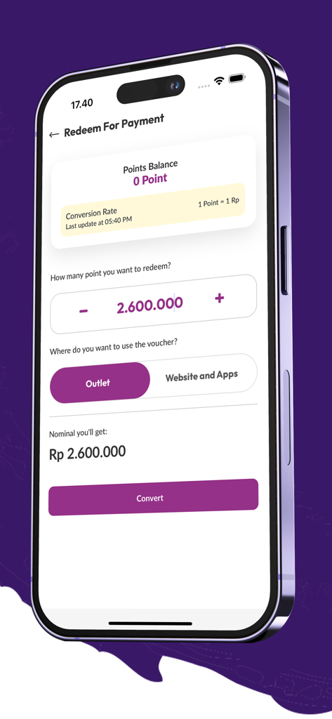Re.juve True Cold-Pressed - A smartphone showing the Re.juve app interface for redeeming loyalty points into payment vouchers for outlet and online use