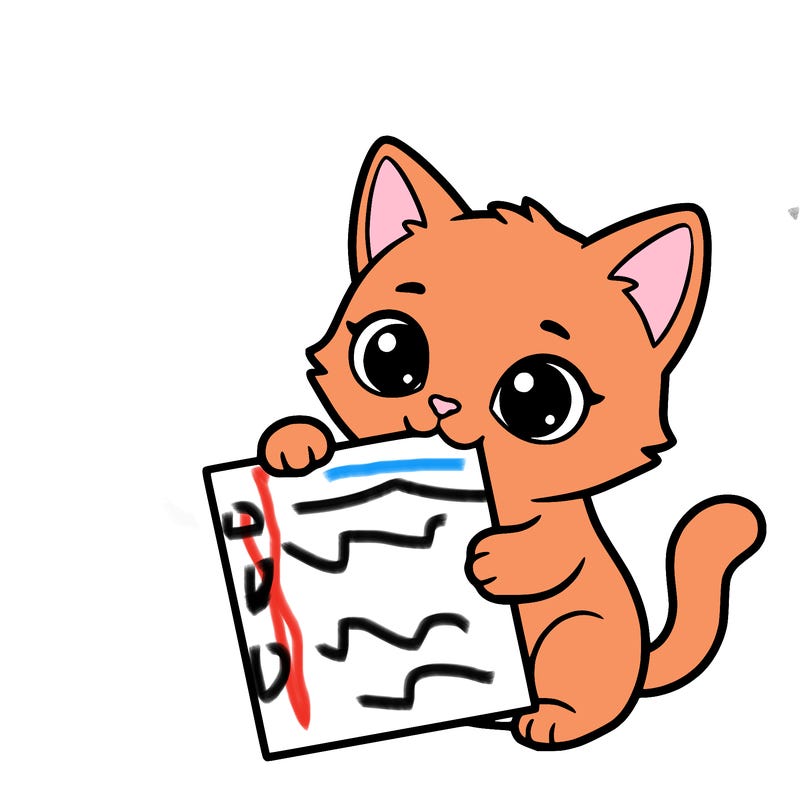 a small cat with a blank sheet of paper in its hand. the cat is sooooooo cute!