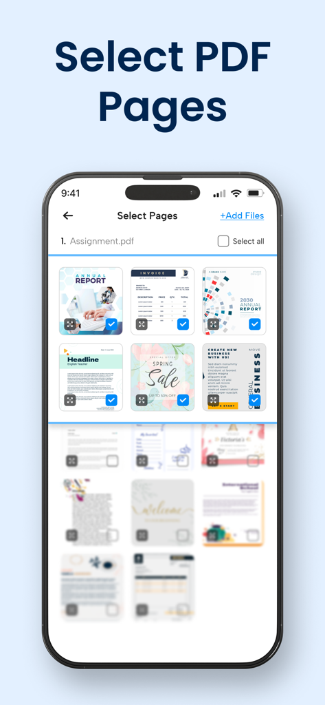 PDF to JPG Converter - JPEG - Interface of the PDF to JPG Converter app showing a grid of pages selected from a document for conversion.
