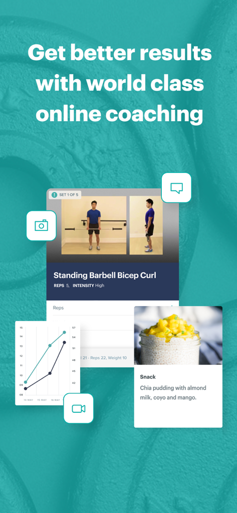 PT Distinction - PT Distinction app interface showing exercise technique videos, progress tracking charts, and nutrition coaching.