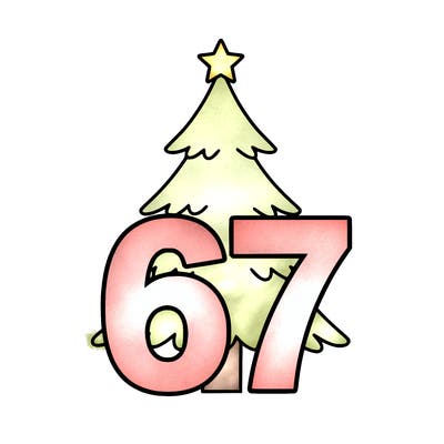 6,7 in front of a christmas tree