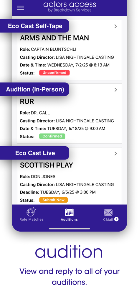 A list of scheduled auditions and self-tape requests in the Actors Access app.