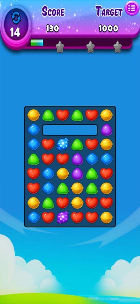 Sweet Candy Blast Fever - A colorful match 3 puzzle grid from Sweet Candy Blast Fever showing candies and game statistics.