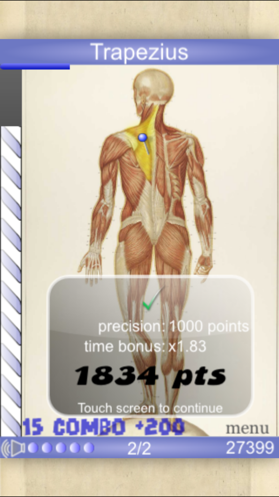 Speed Muscles MD - A screenshot of Speed Muscles MD anatomy quiz game showing a diagram of human back muscles with a pin on the trapezius muscle and a score of 1834 points.