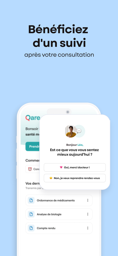 The Qare app interface showing a post-consultation follow-up message and patient medical documents