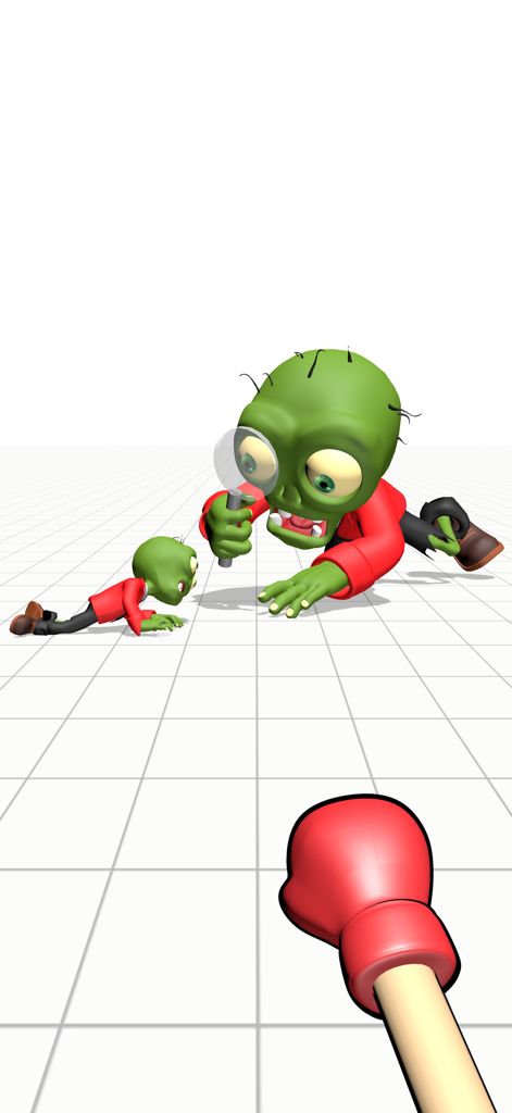 Smash Zombie Punching Games - A red boxing glove ready to punch a funny green zombie holding a magnifying glass in a grid environment