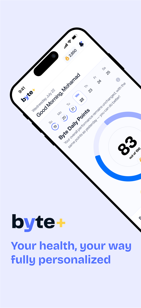 Byte+ - Byte plus app interface showing daily health points and personalized wellness tracking