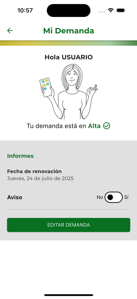 Pantalla de smartphone de la app SAE mostrando el estado activo de la demanda de empleo y la fecha de próxima renovación