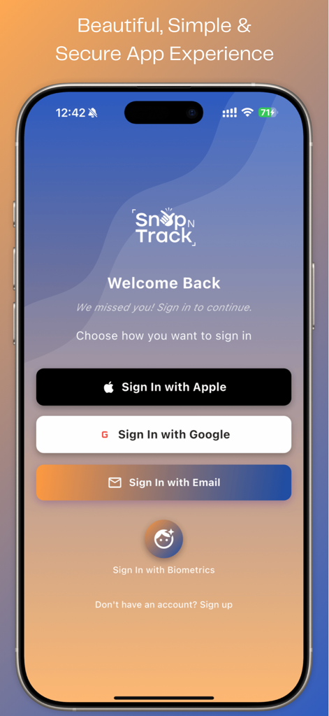 Snap N Track - Pantalla de inicio de sesión de la aplicación Snap N Track que muestra opciones seguras de inicio de sesión para Apple, Google y biometría