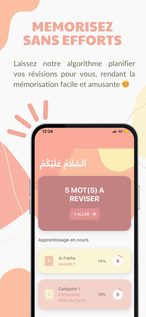 Shams - シャムスアプリのモバイル画面。アラビア語学習の進捗状況と毎日の単語レビューを表示。