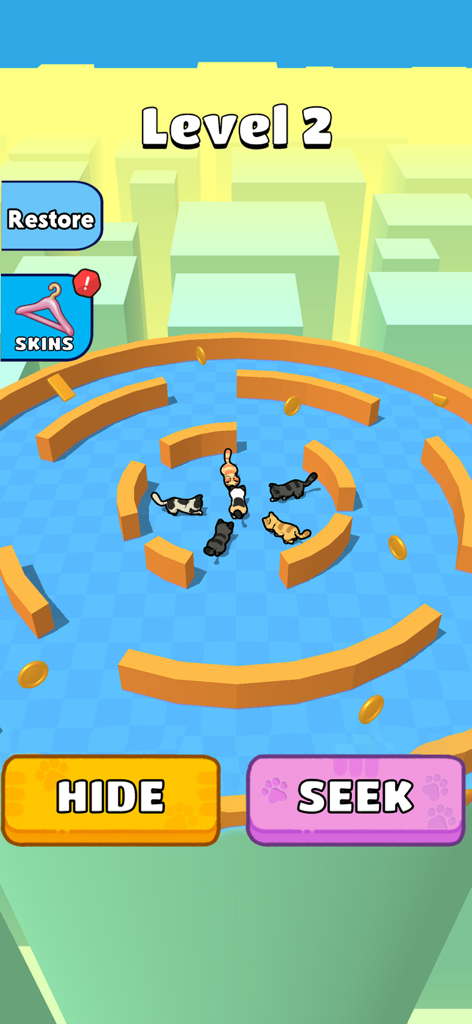 Purrfect Cat Escape: Hide Seek - A mobile game screen for Level 2 of Purrfect Cat Escape showing various cats in a circular maze with Hide and Seek buttons.