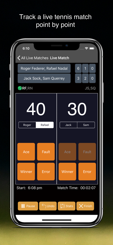 TennisKeeper: Swings & Scores - Interface da aplicação TennisKeeper para acompanhar pontuações de jogos de ténis em tempo real e estatísticas de pontos, ponto a ponto.
