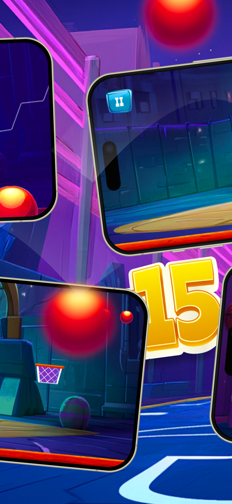 Basket Loot - Gameplay scenes from Basket Loot showing basketball shots and 15 levels.