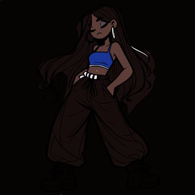 girl in baggy pants crop top and long hair