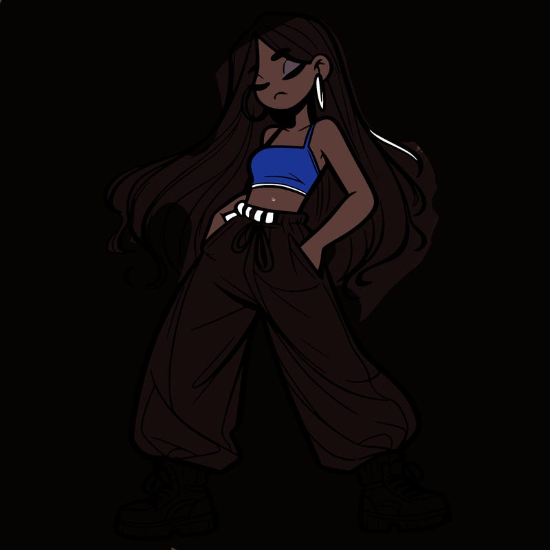 girl in baggy pants crop top and long hair