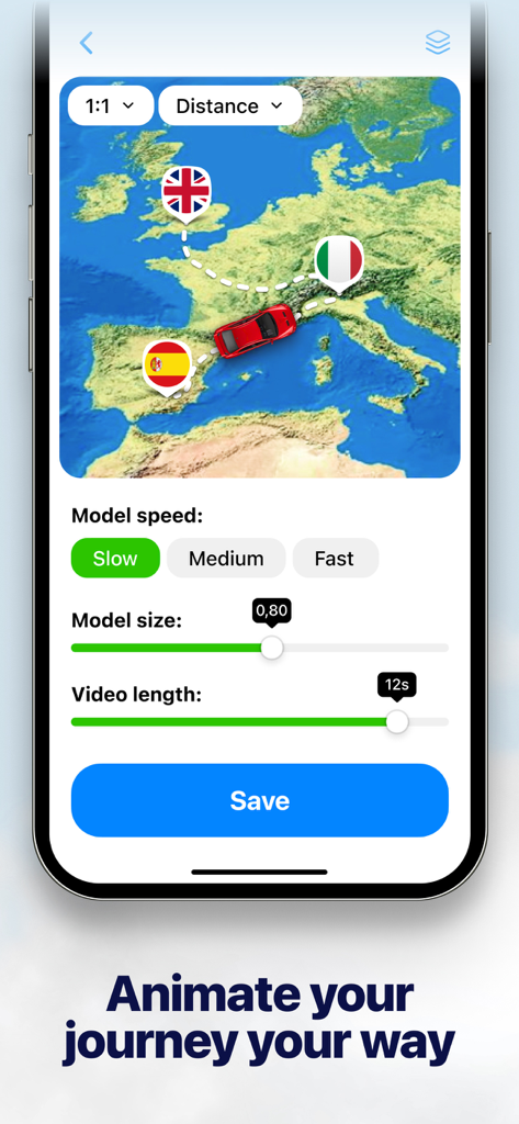 A smartphone screen showing settings to customize a travel route animation with a car on a map of Europe