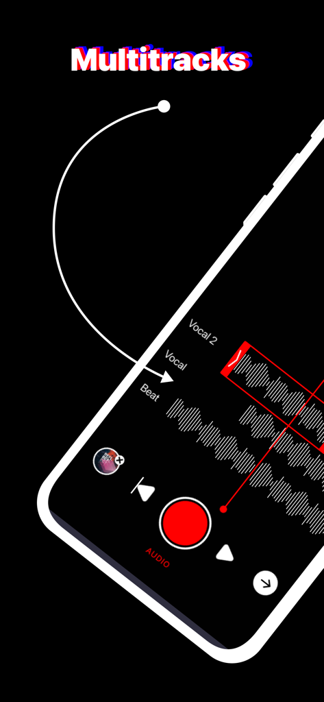 Vocal Tune: Recording Studio - Vocal Tune App-Oberfläche, die Mehrspuraufnahme mit Gesangs- und Beat-Spuren zeigt