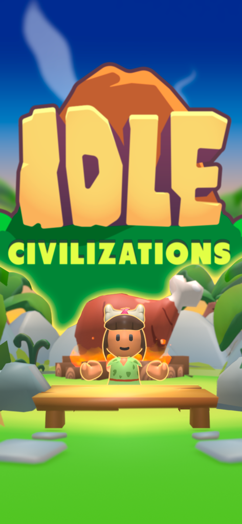 Tela de título de Idle Civilizations Evolution com um homem das cavernas de desenho animado e fundo pré-histórico.