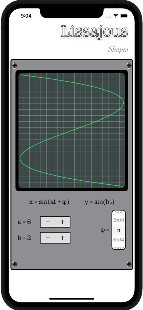 Lissajous curves - Interface do aplicativo móvel de curvas de Lissajous com um padrão de onda verde em uma grade e configurações matemáticas
