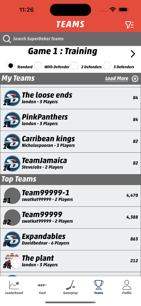SuperDeker App - SuperDeker app screen showing hockey team rankings and training game modes