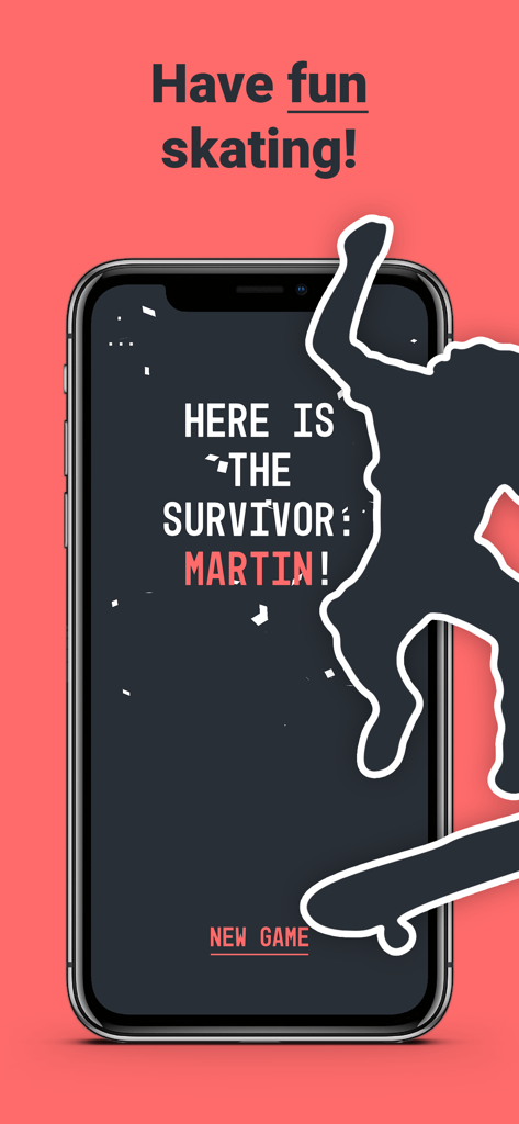 Game of SKATE or ANYTHING - Pantalla de la aplicación móvil anunciando al ganador de una sesión de Game of SKATE