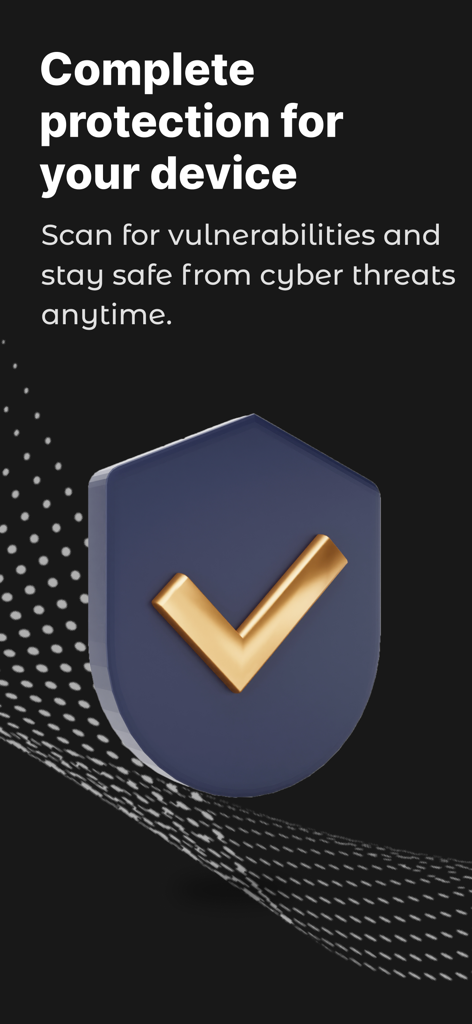 InvisiCheck - Tela do aplicativo InvisiCheck mostrando um escudo de segurança com um visto para proteção completa do dispositivo e verificação de vulnerabilidades.