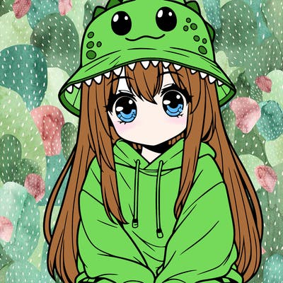 girl with anime shaped eyes with a dinosaur bucket hat oversized sweatshirt long straight hair