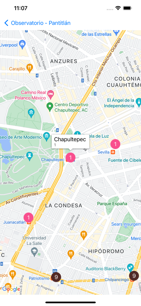 Map interface of the Red Transporte CDMX app showing Mexico City Metro Line 1 stations and surrounding neighborhoods like Condesa and Anzures