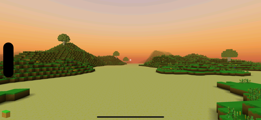 A simple blocky landscape with green hills and trees under a sunset sky