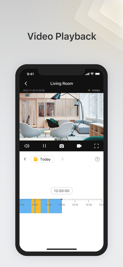 IPC360 Home - IPC360 Home app video playback screen showing a living room camera feed and a recorded footage timeline