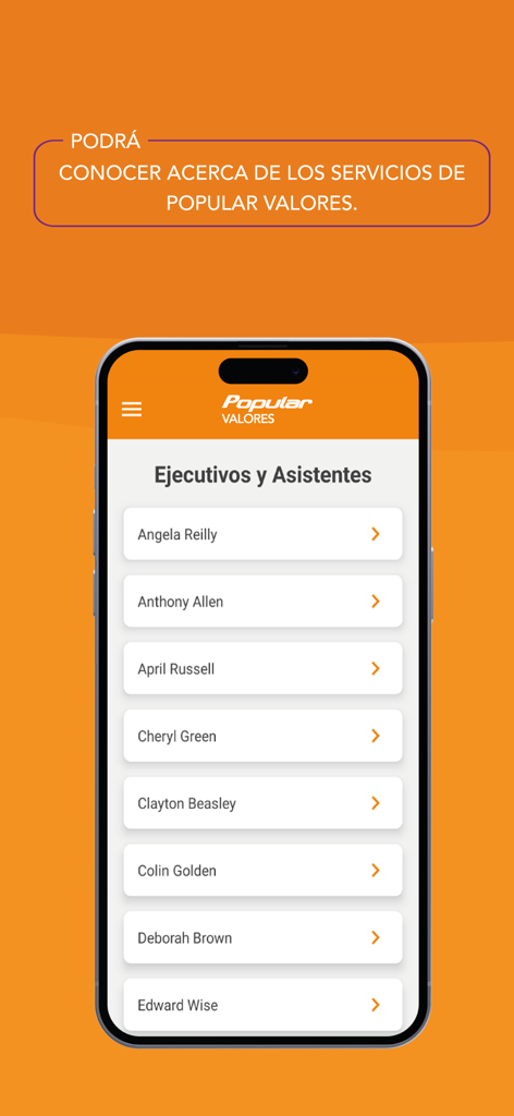 Popular Valores 앱의 모바일 화면으로 투자 임원 및 보조원 목록 표시.