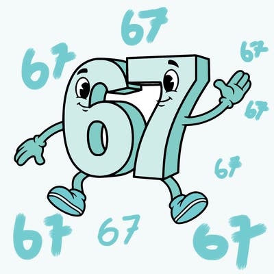 the number 67 with legs arms and eyes