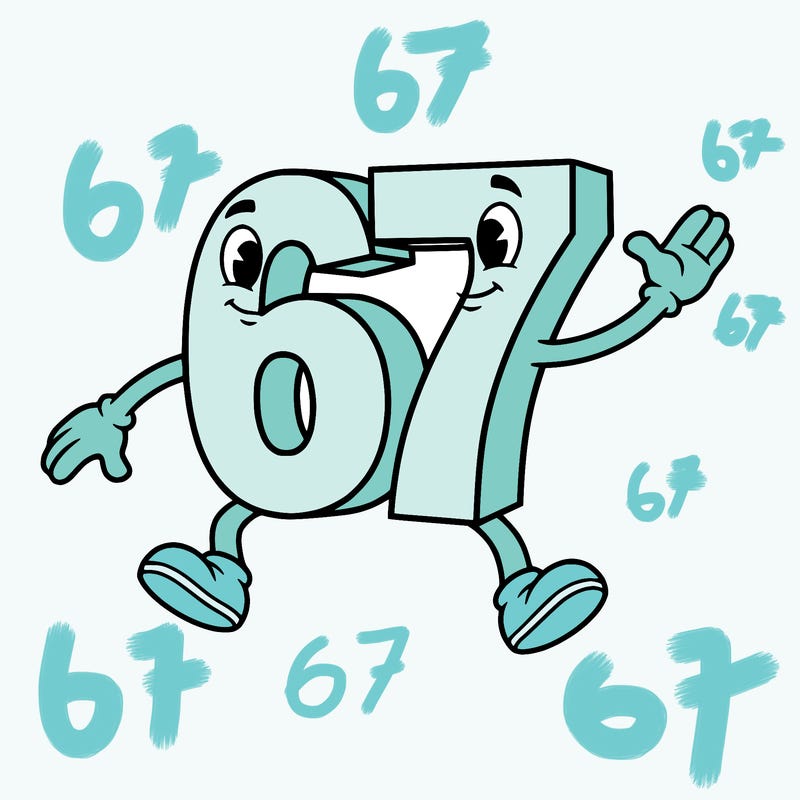 the number 67 with legs arms and eyes