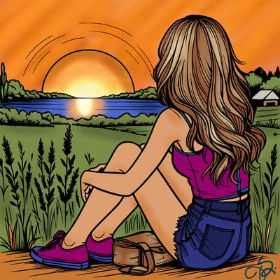 realistic girl sitting and watching the sunset