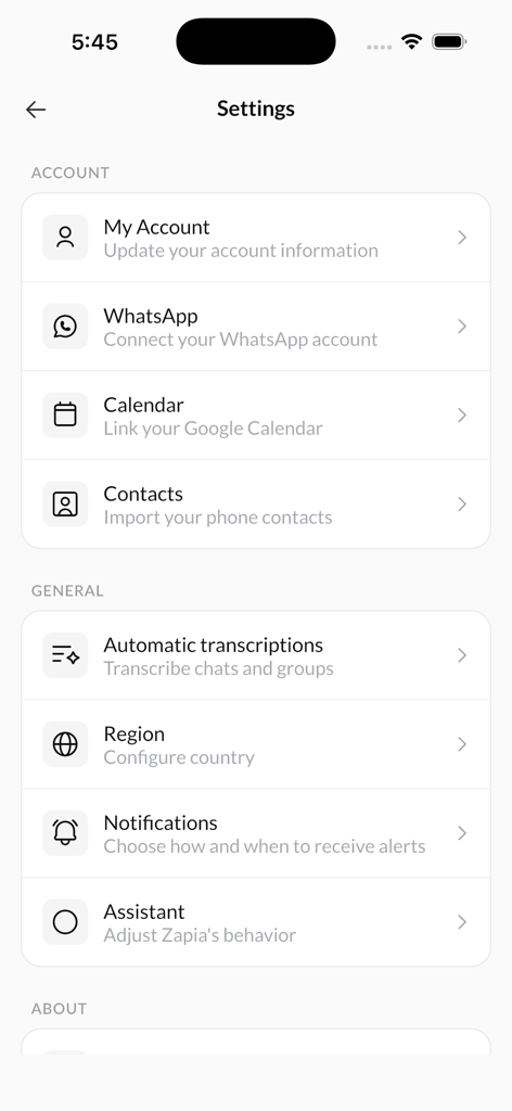 Settings screen of Zapia AI app showing account integrations for WhatsApp and Google Calendar and general app configurations