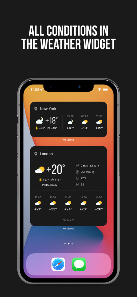 MeMeteo weather widgets on an iPhone home screen showing real-time conditions and hourly forecasts for New York and London
