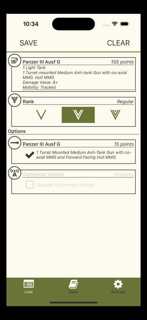 2nd In Command: Bolt Action - 2nd In Commandアプリで、Panzer III戦車のユニット詳細とポイントコスト構成インターフェース