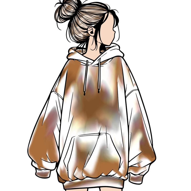 realistic girl with a oversized sweatshirt on and a bun